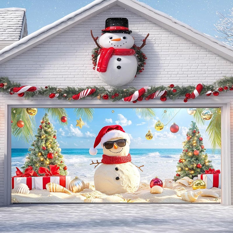 IVN Christmas Holiday Garage Door Banner 6x13 ft Tropical Sandman Scene Backdrop Garage Door Cover Mural with Palm Tree Ornaments Christmas Garage Door Covers Decorative for Winter Beach Party - Image 5